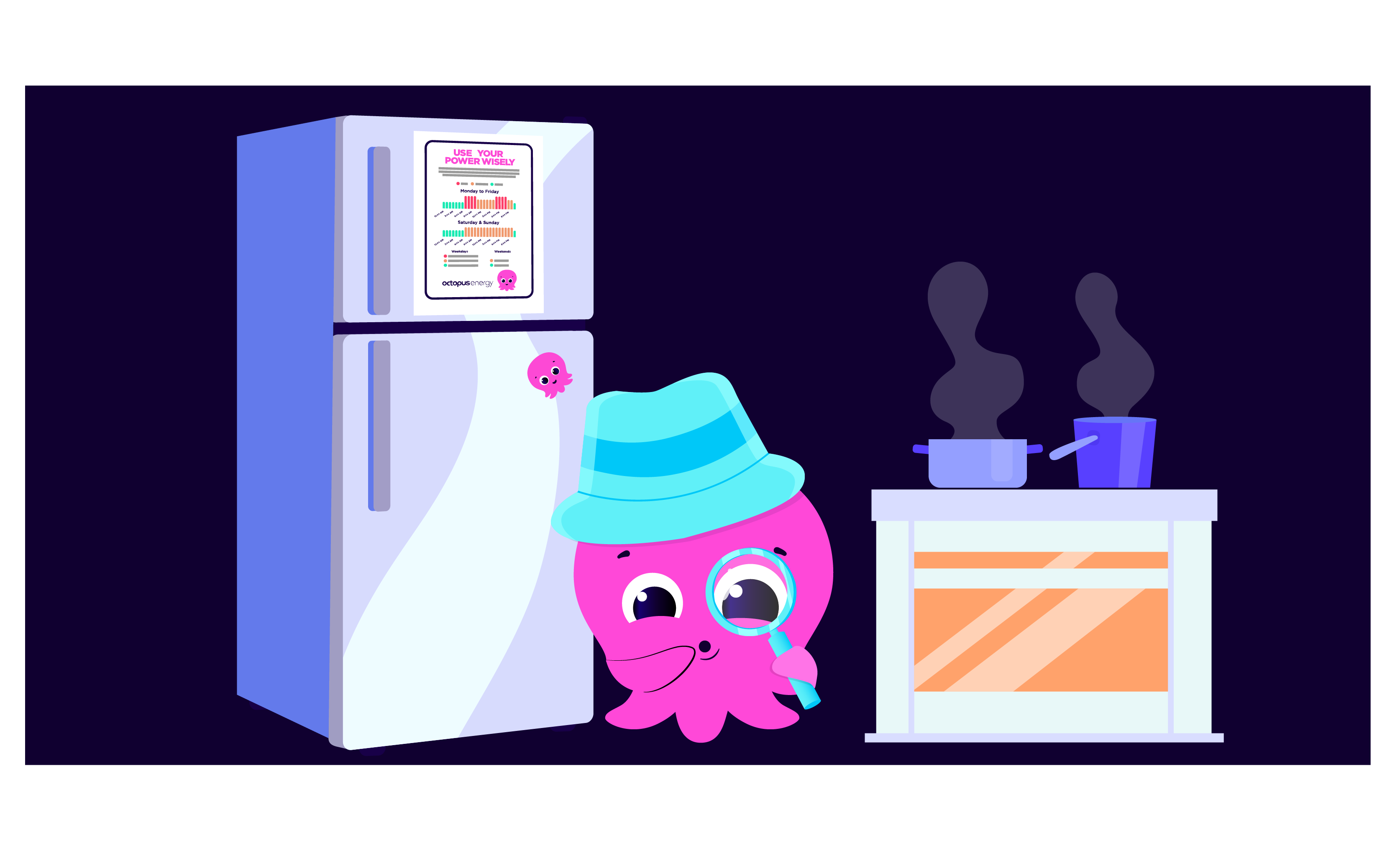 Cute pink octopus detective with a hat and magnifying glass near a fridge and stove, investigating in a kitchen scene.