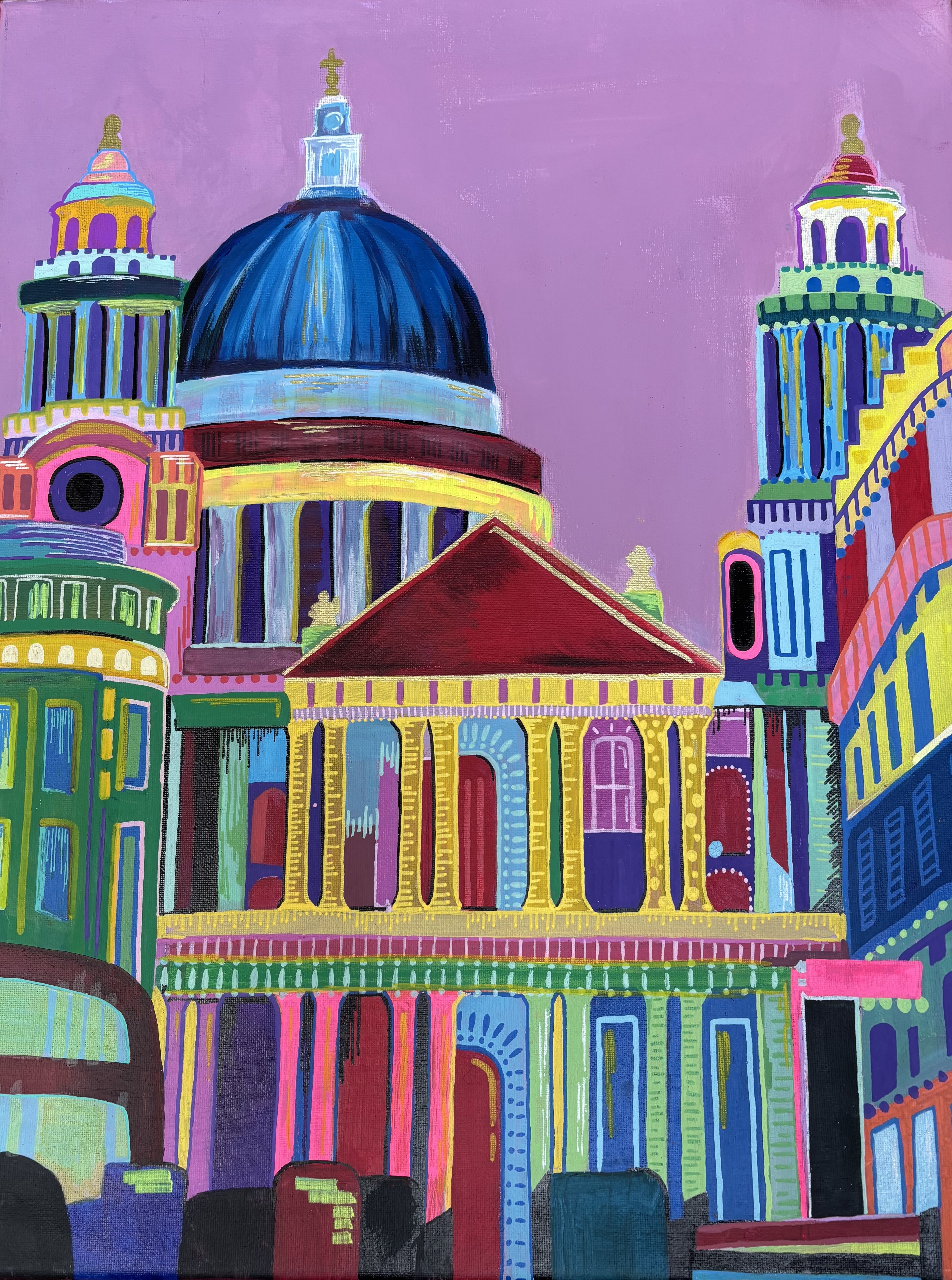 Colorful abstract painting of a cathedral with a large blue dome and multicolored architectural details against a purple background.