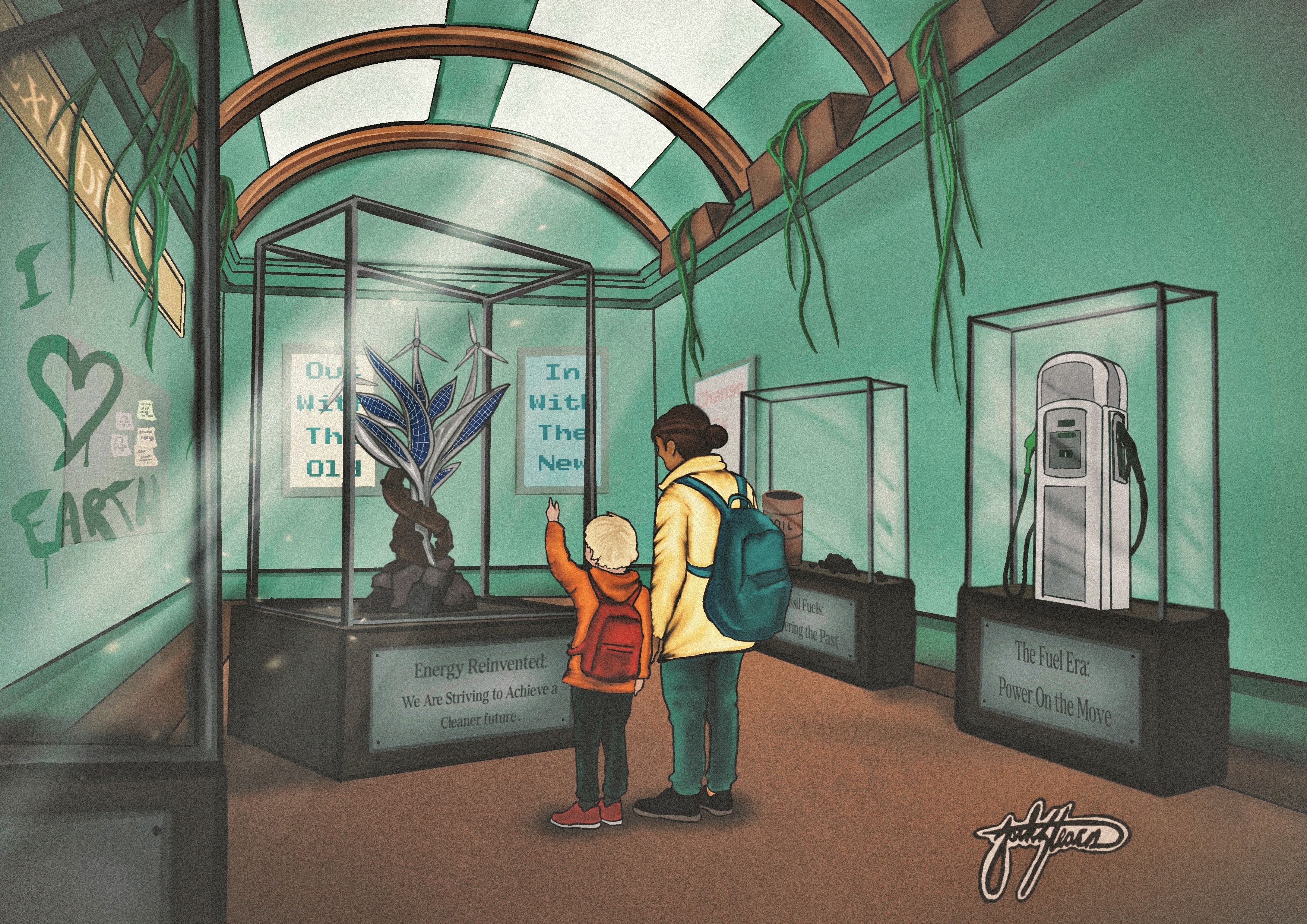A child and adult in a futuristic museum observe exhibits on sustainable energy, including a plant-like sculpture and a fuel pump.