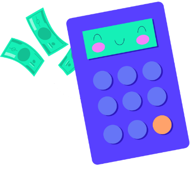 Cute purple calculator with a smiling face, surrounded by floating green dollar bills.