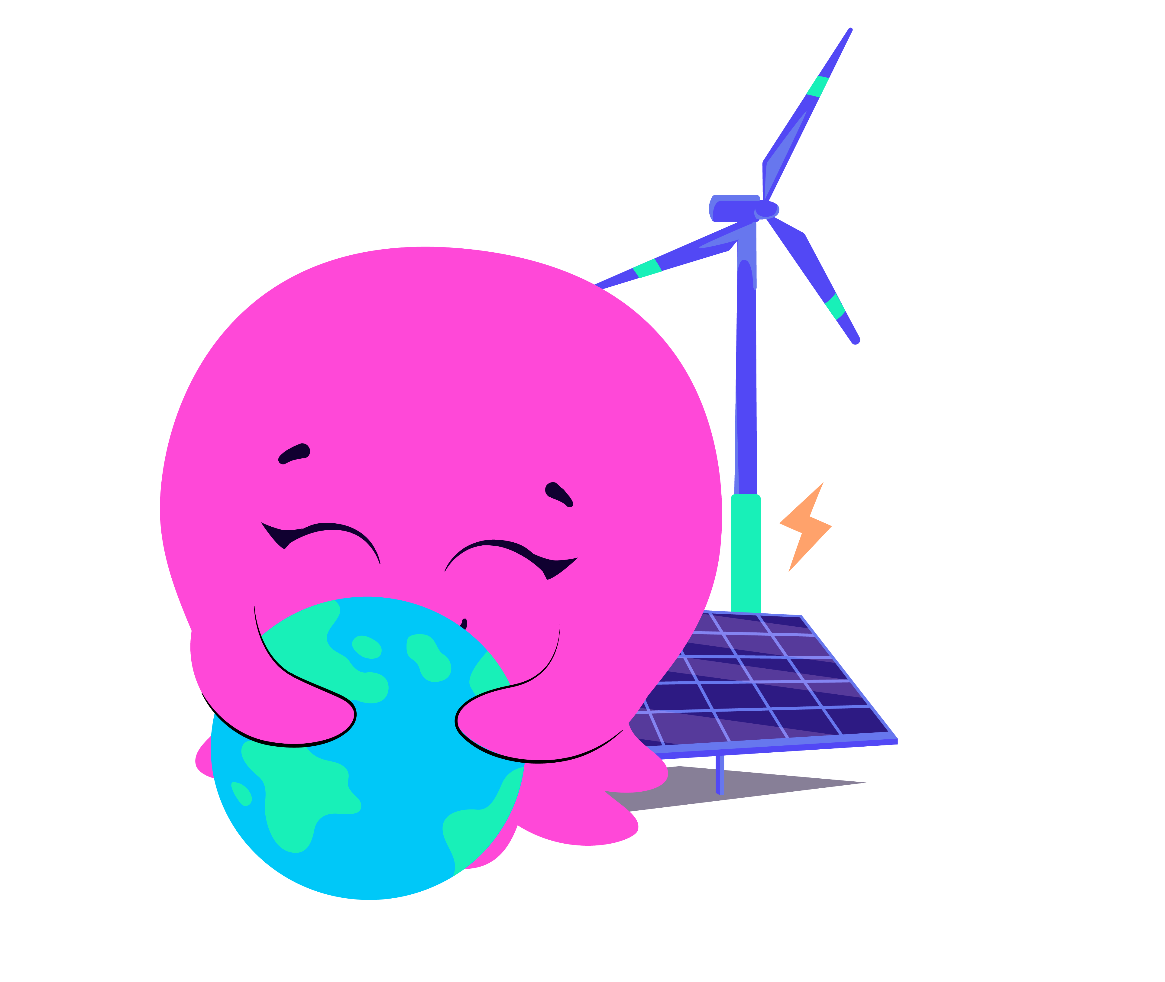 A pink cartoon character hugging Earth with a wind turbine and solar panel in the background, symbolizing renewable energy.