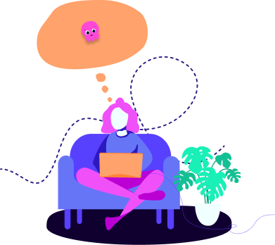 Illustration of a woman on a sofa, typing on a laptop. There is a thought bubble with an Octopus Energy logo inside it