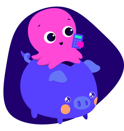Illustration of a pink octopus with a calculator on top of a piggy bank