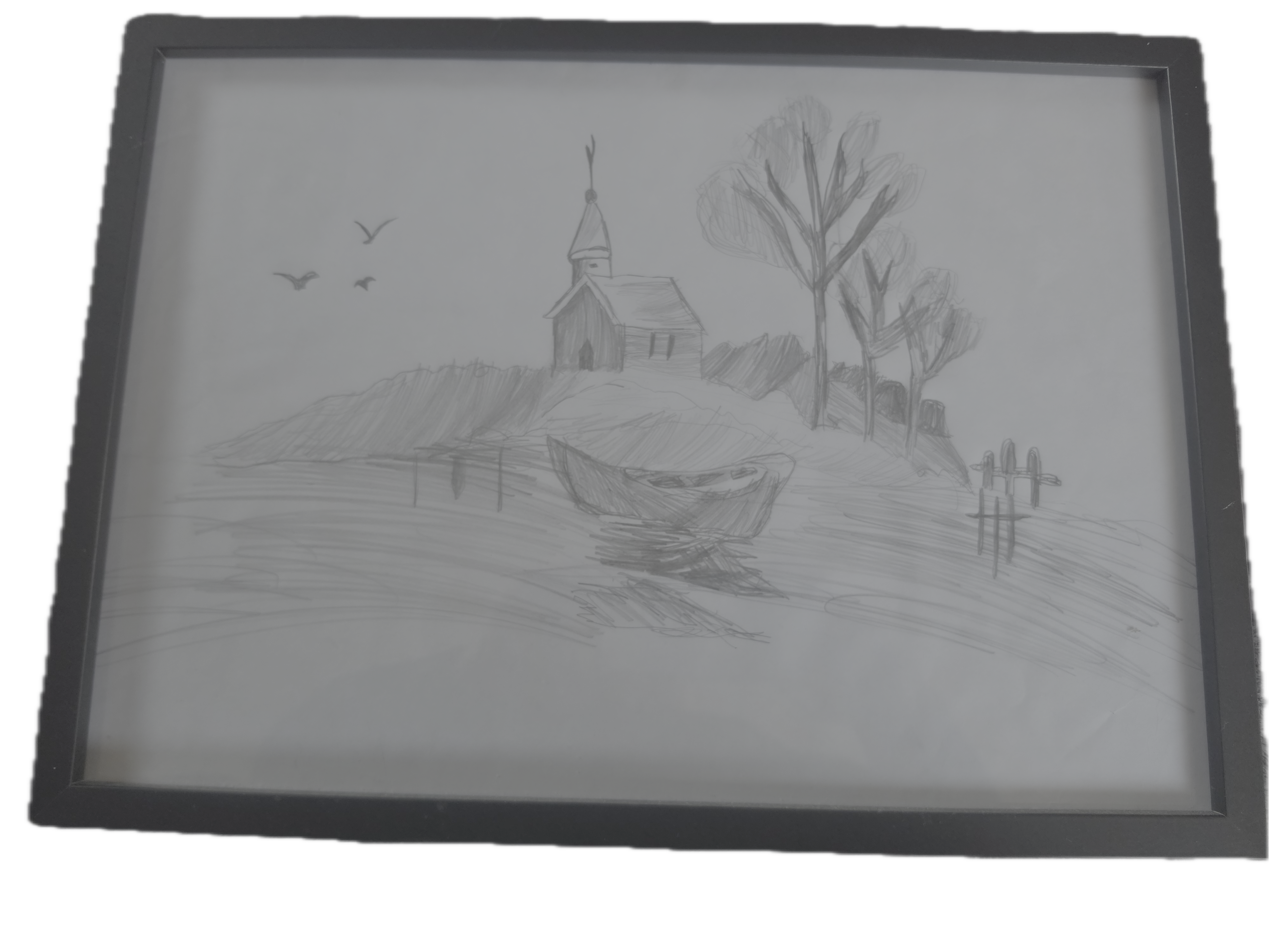 A pencil drawing of a church on a hill with trees to the right and birds in flight to the left, with a boat on a lake in the foreground