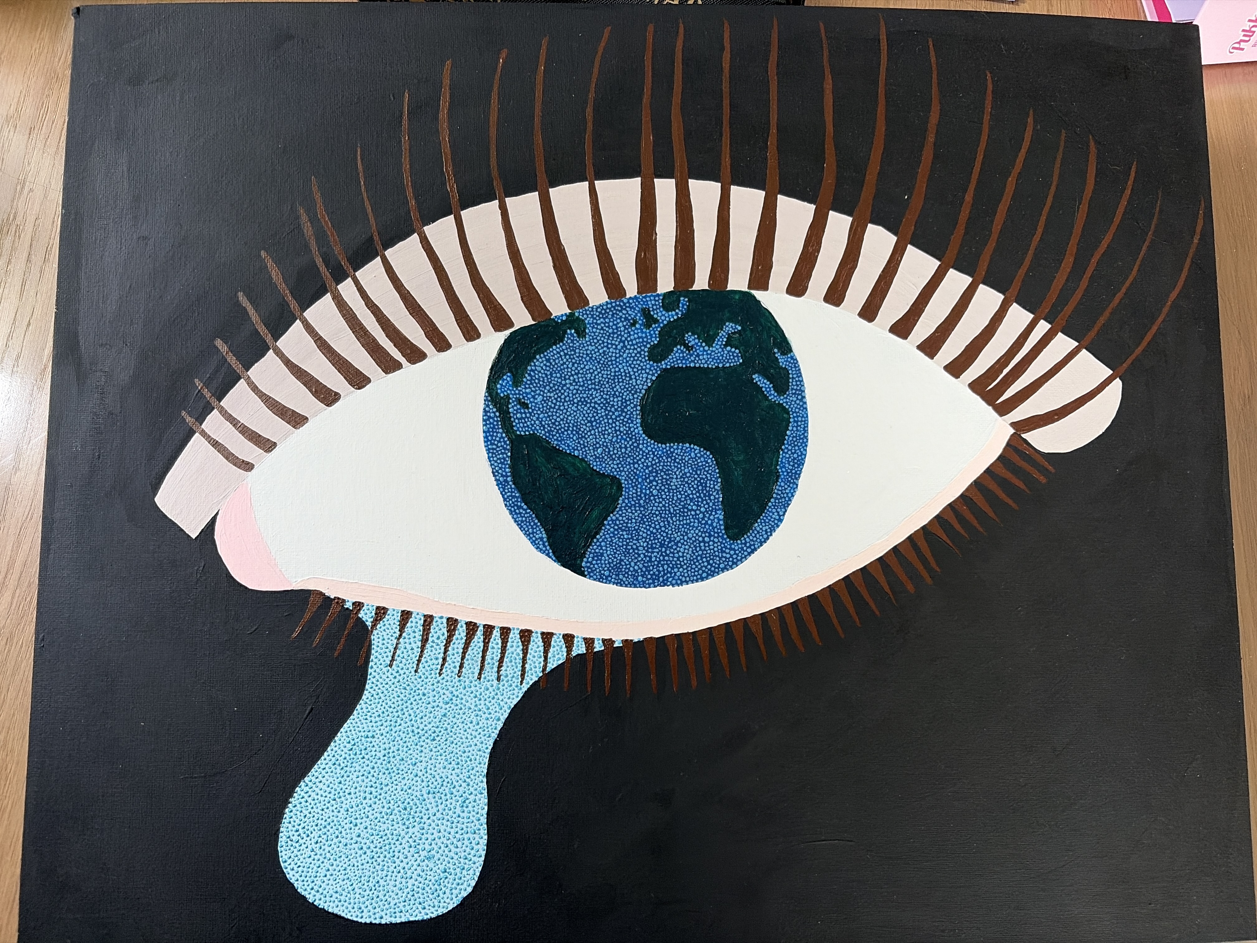 A painting of an eye with Earth as the iris, featuring long eyelashes and a large teardrop against a black background.