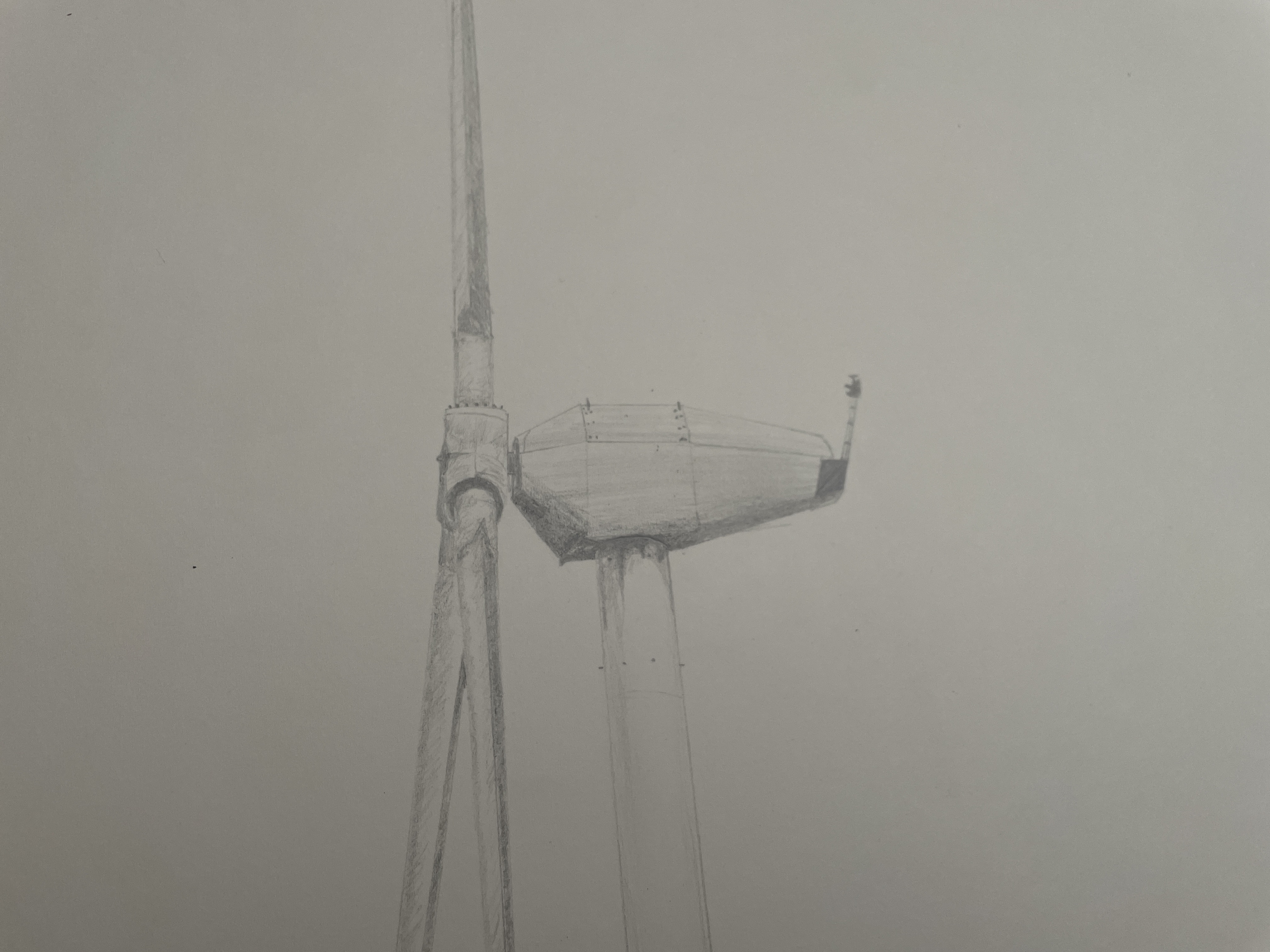 A detailed pencil drawing of a ship's mast and crow's nest against a blank background.