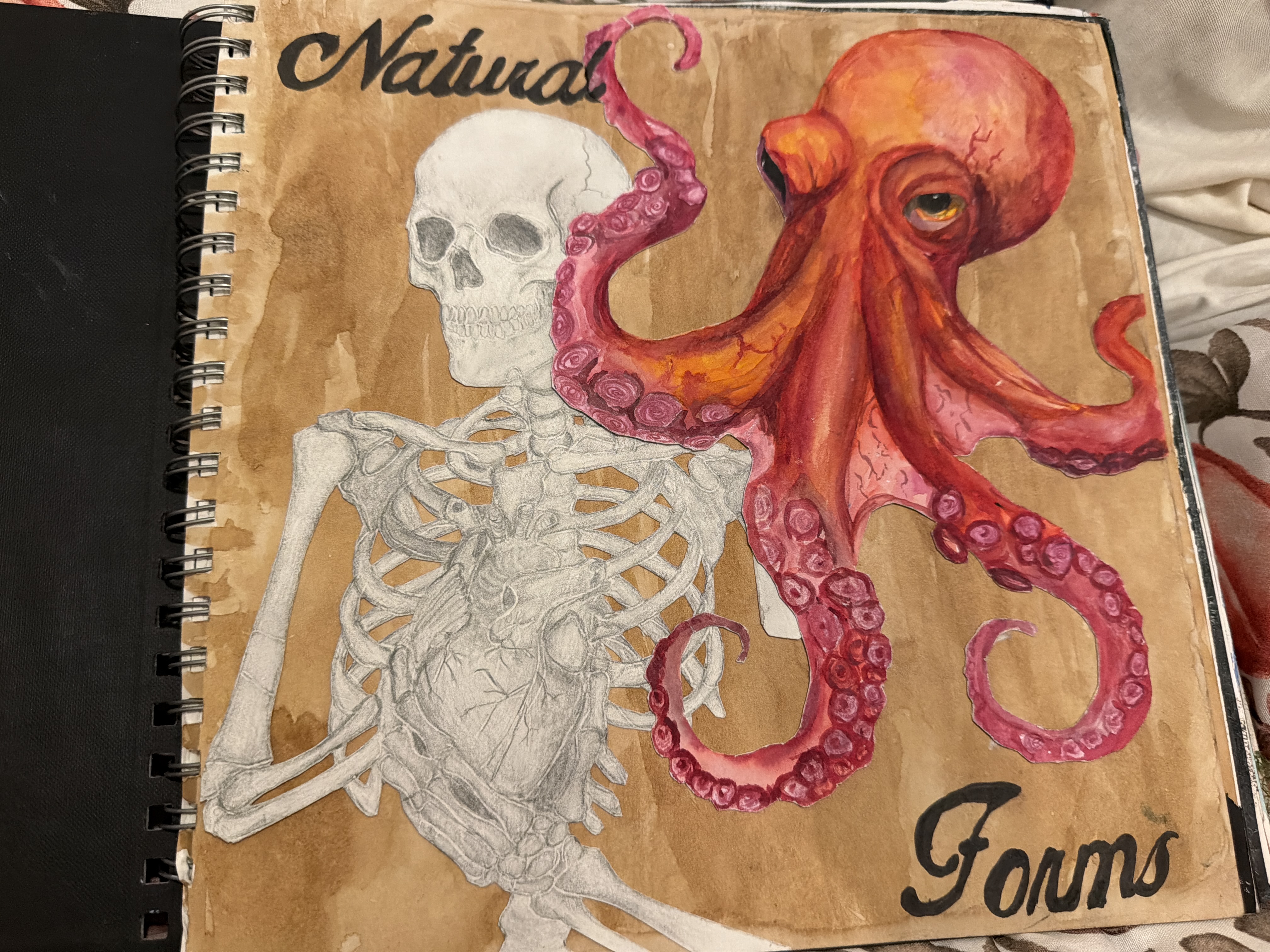 Artwork featuring a red octopus overlapping a human skeleton sketch, with "Natural Forms" written in black on a brown background.