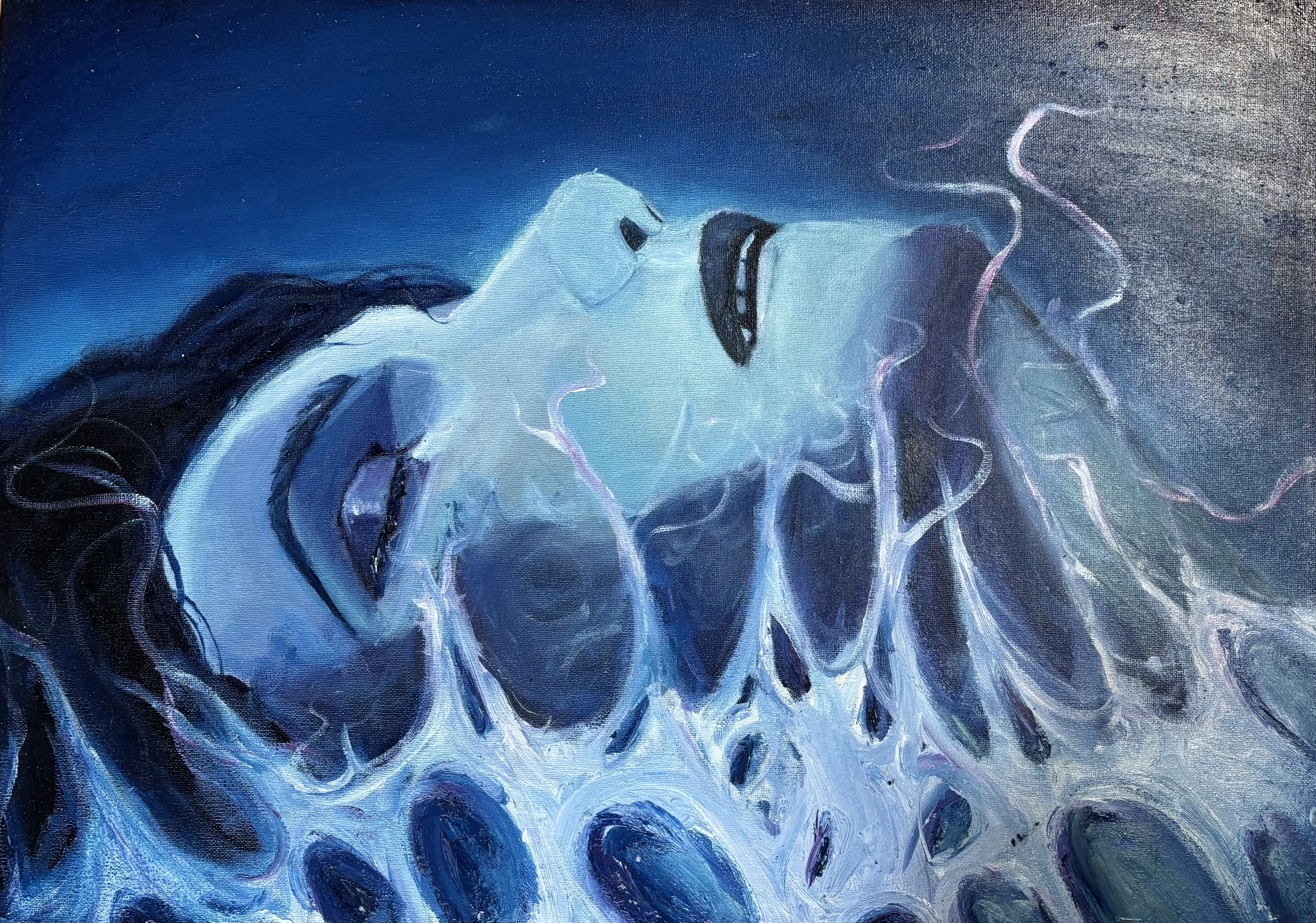 Surreal painting of a face submerged in water, ethereal and dreamlike with flowing hair and abstract blue and white patterns.