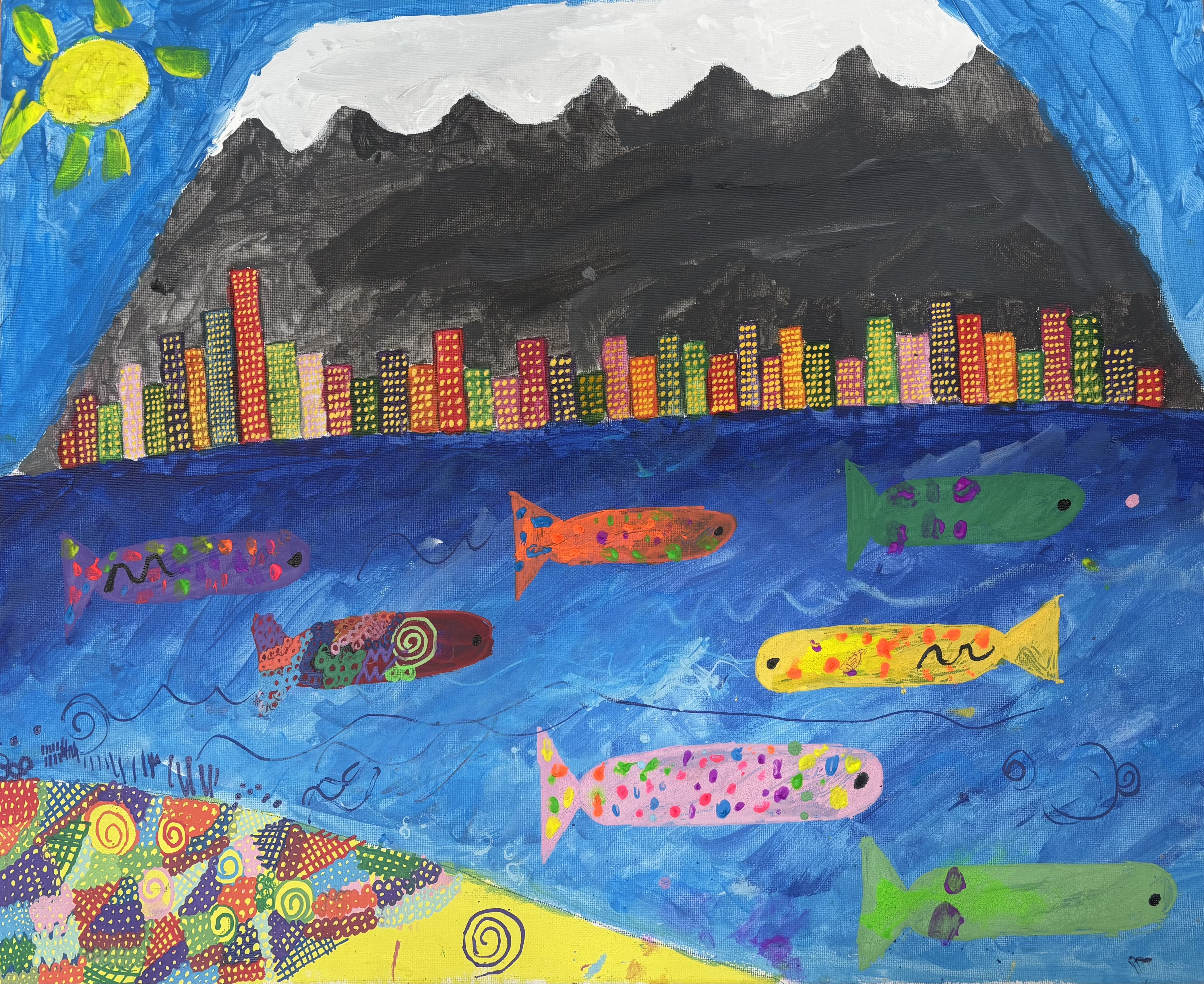 Colorful abstract painting of vibrant fish swimming in a blue sea with a cityscape and mountains in the background under a bright sun.