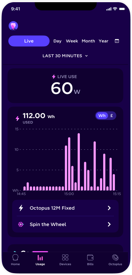 Mobile app displaying live energy usage at 60W with a bar graph of data for the last 30 minutes and interactive options below.