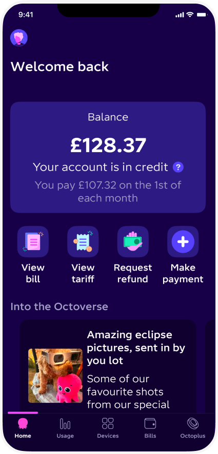 A mobile app screen displaying a credit balance of £128.37. Options include viewing bills, tariffs, requesting refunds, and making payments.
