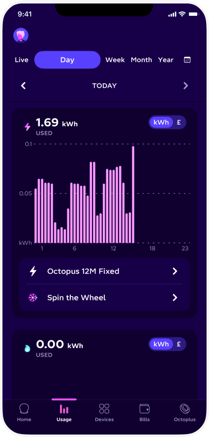 A mobile app screen showing daily energy usage in a bar graph, totaling 1.69 kWh. Options include viewing Octopus plans and a spin the wheel feature.
