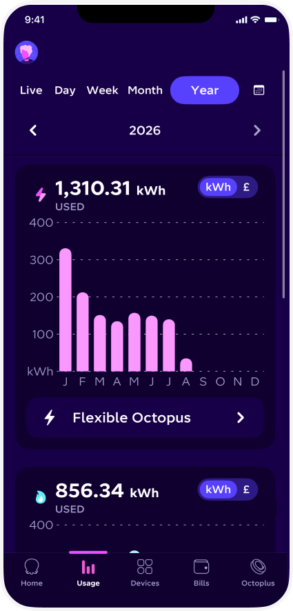 Smartphone screen showing energy usage for 2026 in a bar chart, highlighting 1,310.31 kWh used with monthly breakdown.