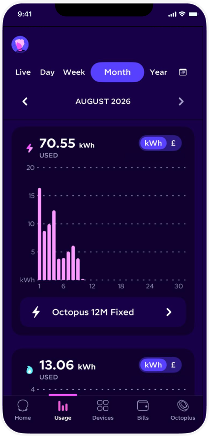 A smartphone app screen showing monthly energy usage in kWh for August 2026, with a bar graph and metric data.