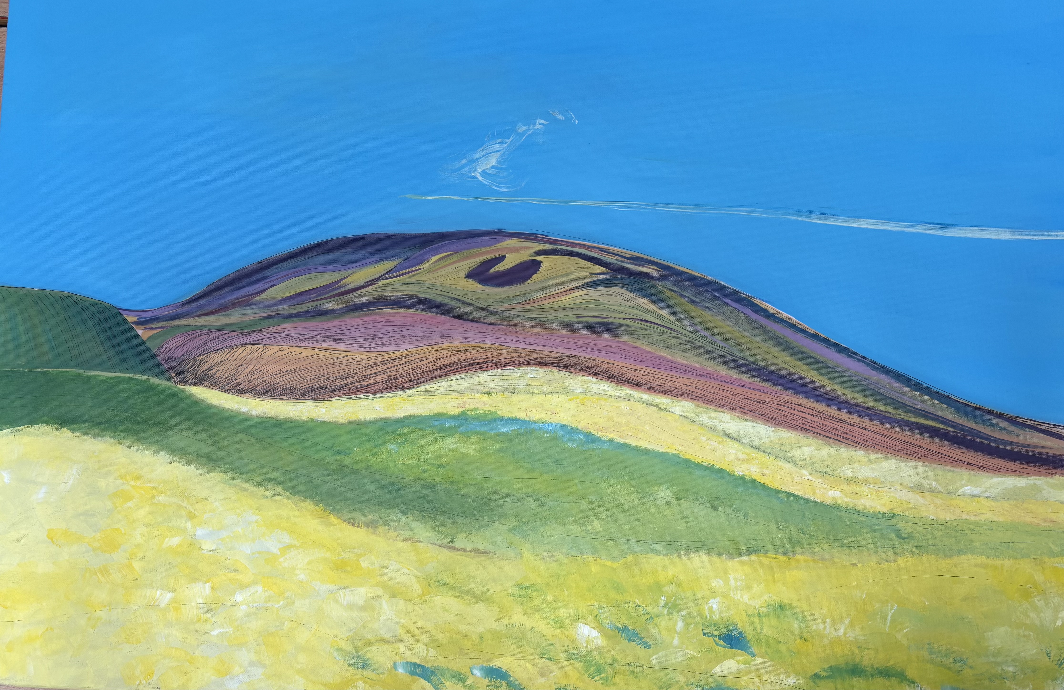 Colorful abstract landscape painting with rolling hills in green, purple, and yellow under a bright blue sky.