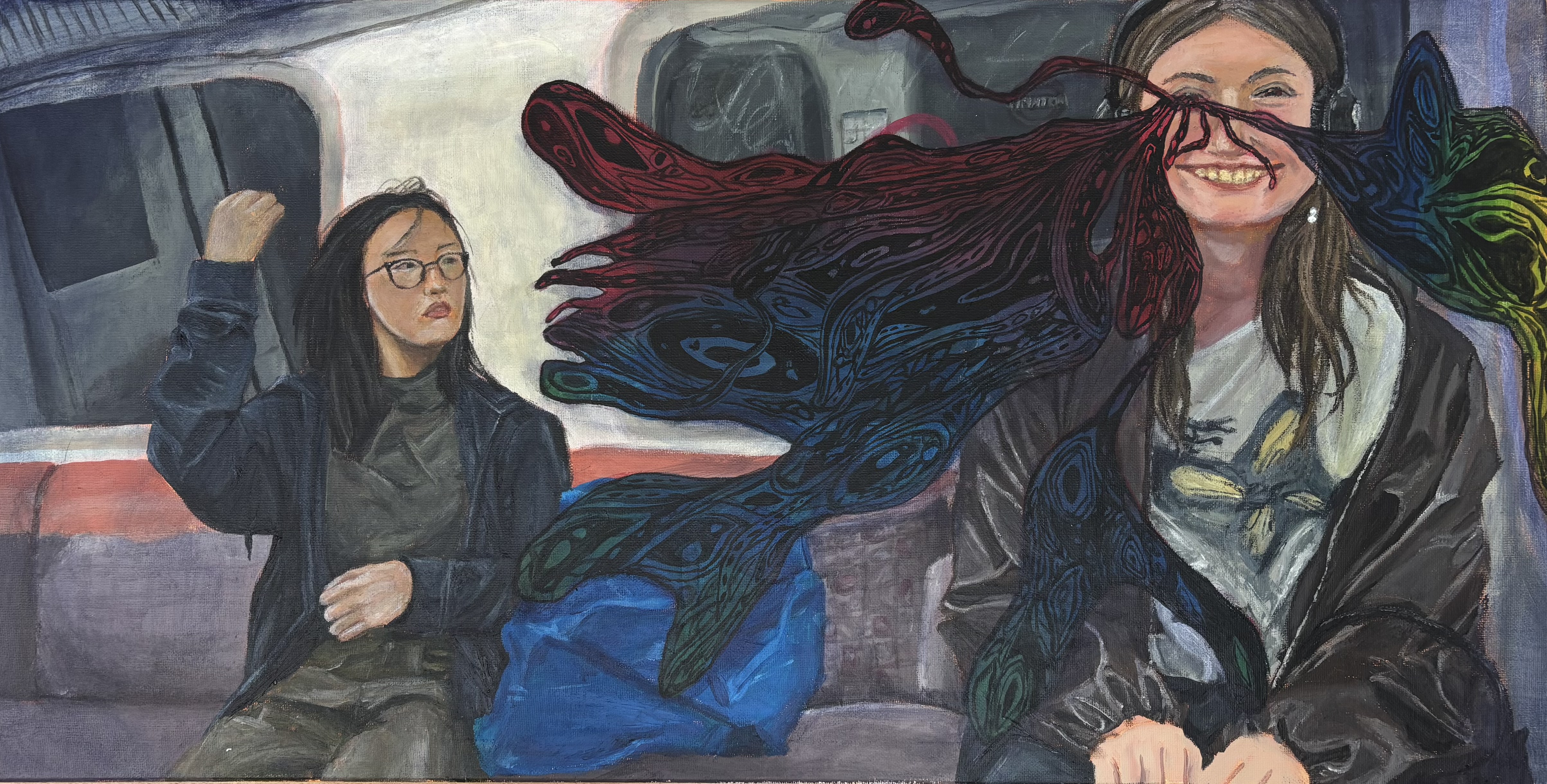 Two people on a train; one with glasses seated calmly, the other smiling with colorful abstract patterns extending from face.