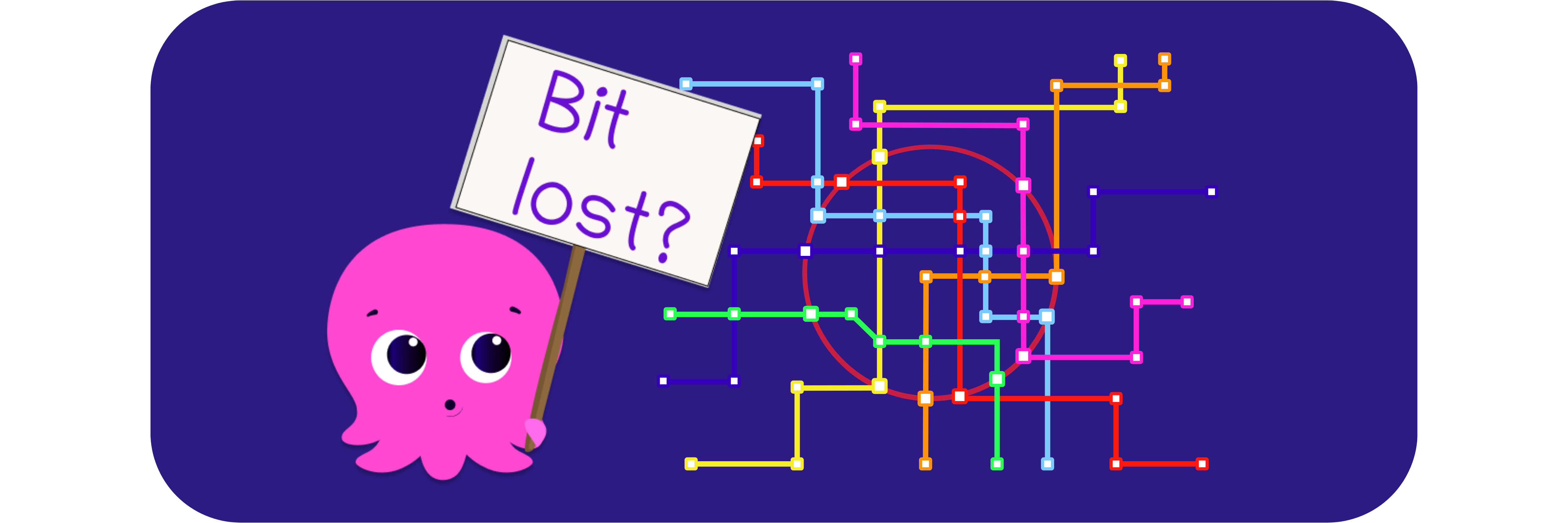 Cute pink octopus holding a sign that reads "Bit lost?" against a blue background with colorful, intersecting lines.