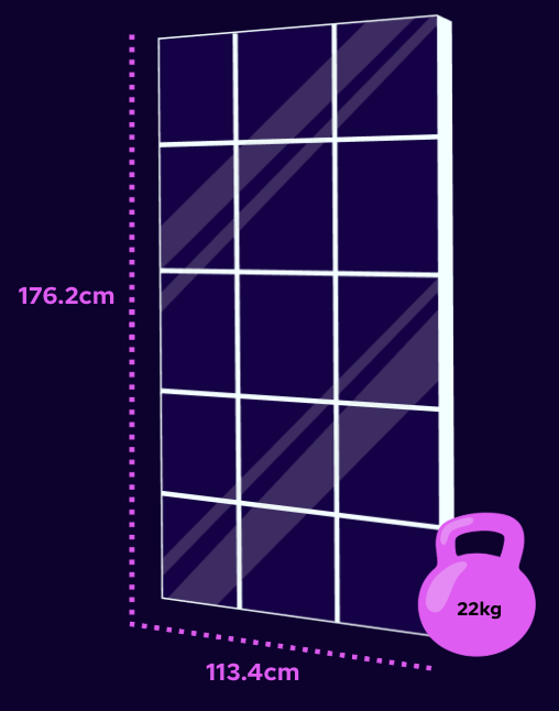 A rectangular mirror with a grid design, measuring 176.2 cm by 113.4 cm, and a pink kettlebell labeled 22 kg.