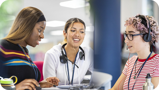 Three women at work in an office, wearing headsets and engaged with their tasks. The atmosphere is collaborative and focused.