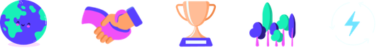 Illustration of a globe, handshake, trophy, trees, and a recycling symbol with a lightning bolt, each in vibrant colors.