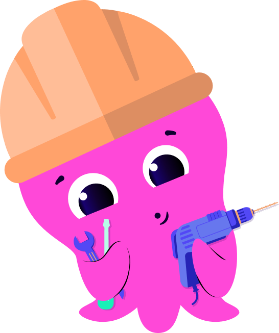 Cute pink octopus wearing a hard hat holding a wrench, screwdriver, and a drill.
