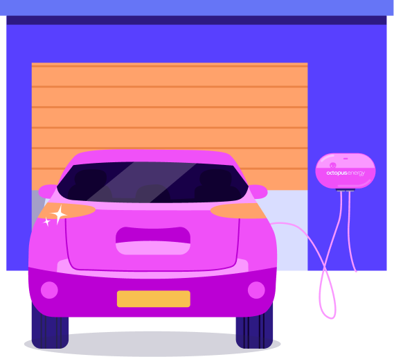 Illustration of an electric car outside a garage with an Octopus charger