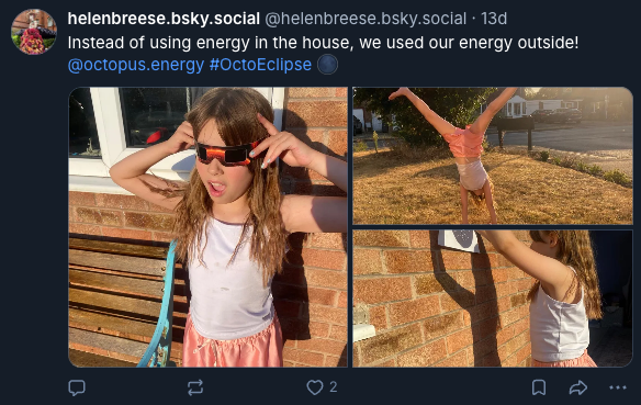 A Bluesky post featuring a child in sunglasses, who poses playfully outside, doing a handstand and standing by a wall in sunny weather.