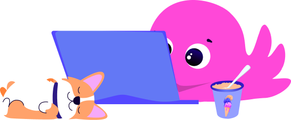An octopus lying on its front using a laptop. It has a tub of icecream next to us and there is a cute dog in front of the laptop