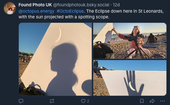 A Bluesky post featuring a collage of solar eclipse viewing with projections on a screen, shadow play, and a person on a beach using a tripod and camera.