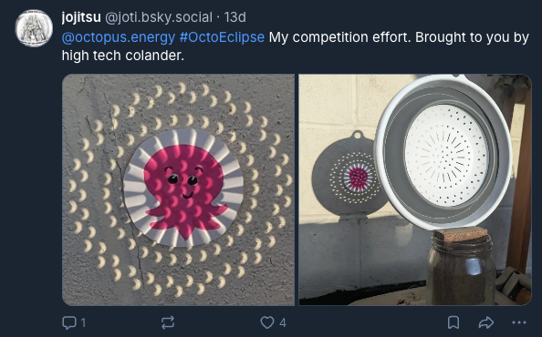A Bluesky post. A colander casts a shadow on an octopus, surrounded by moon phases on a wall, accompanied by a photo of the colander on a jar.