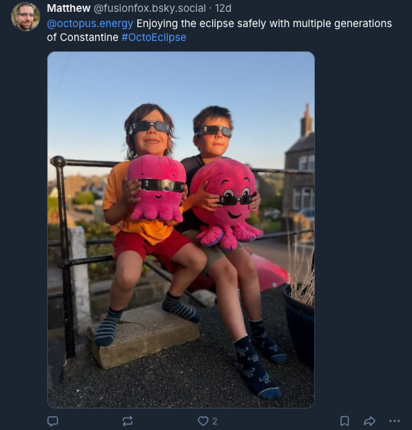 A Bluesky post. Two children wearing eclipse glasses hold pink octopus plushies with sunglasses while sitting outdoors.