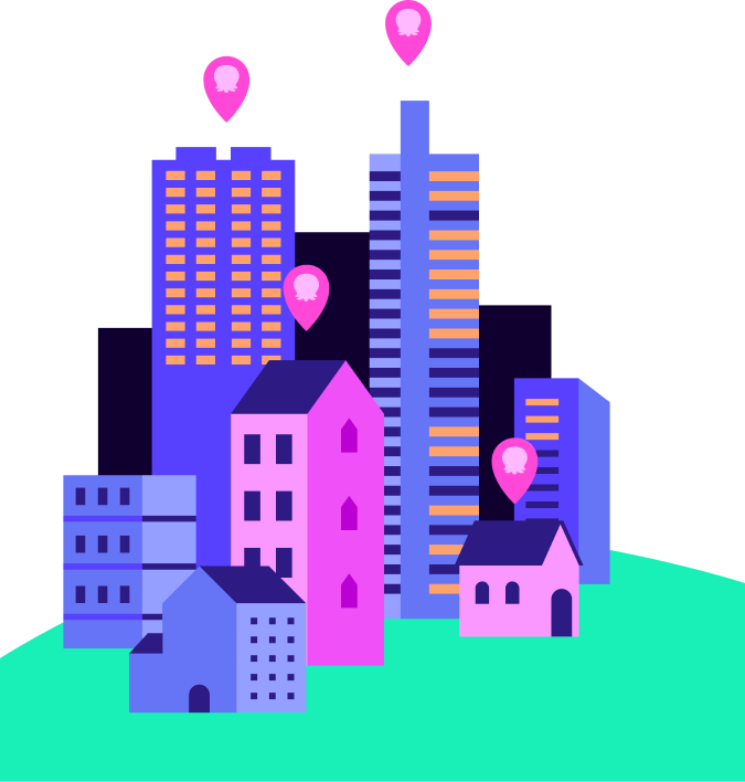 Illustration of a colorful cityscape with tall buildings, smaller houses, and pink location icons floating above various structures.