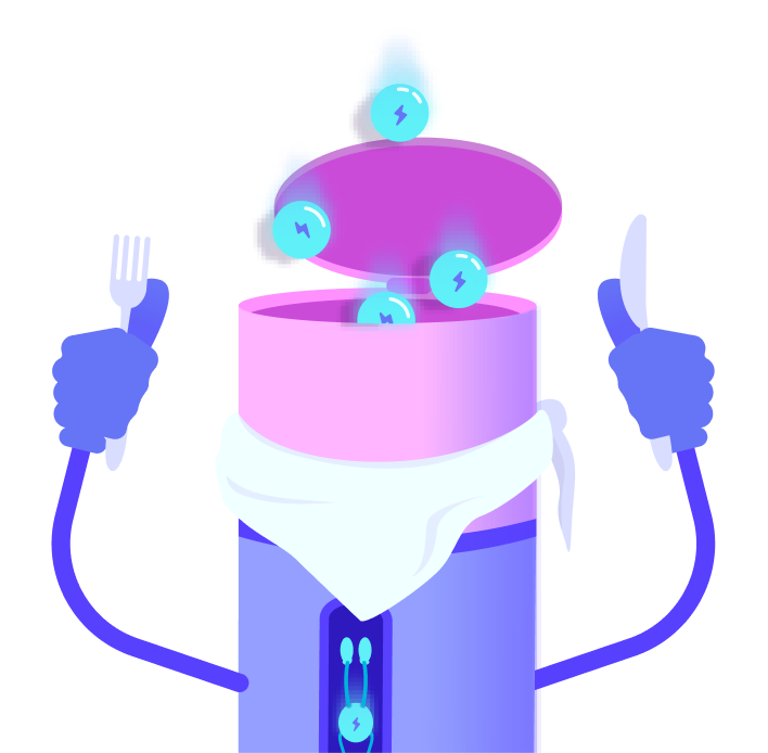 Illustration of a battery wearing a bib. It has a knife and fork and is eating electrons