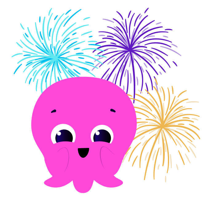 illustration of a pink octopus with fireworks behind him