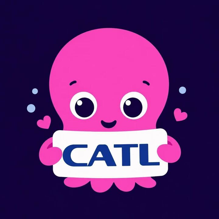 A cute pink octopus holds a sign with "CATL" text, surrounded by hearts, on a dark blue background.