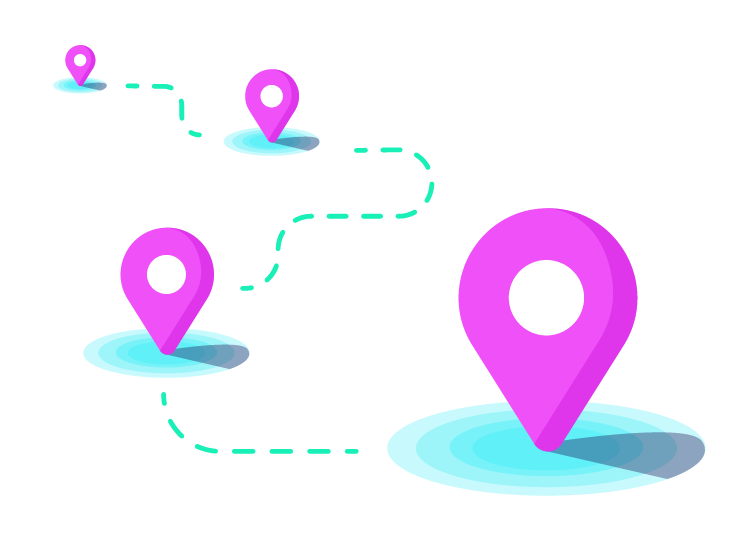Illustration of four pink map pins connected by a dotted line on blue circular bases, symbolizing a travel route.