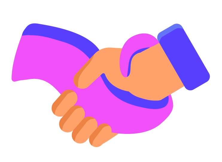 Illustration of a handshake, with hands colored in pink and orange, symbolizing agreement or partnership.