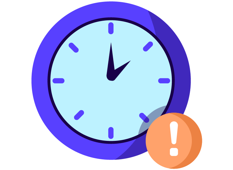 Blue clock with black hands showing 11:00 and a red exclamation mark icon in the lower right corner.