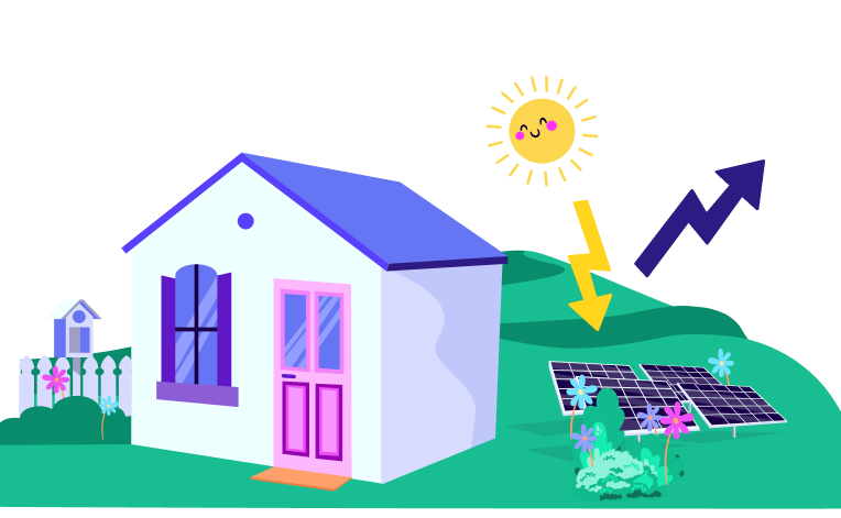 A small house with solar panels on green hills under a sunny sky. Energy symbols show solar power generation.