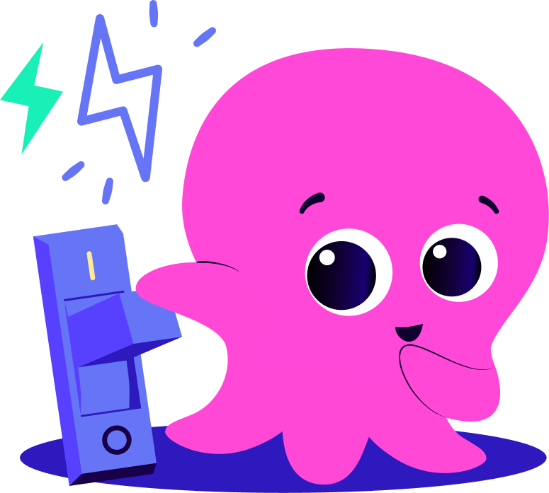 Cute pink octopus flipping a light switch with a happy expression, next to a lightning symbol.