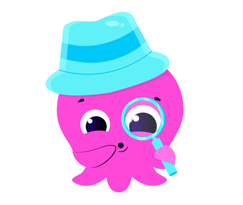 An octopus with a detective-style hat on, holding a magnifying glass