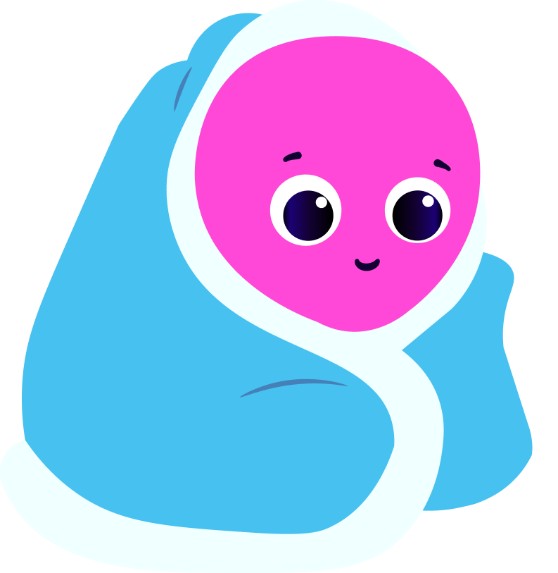 Cute pink-faced character with big eyes wrapped in a blue blanket, resembling a swaddled baby.