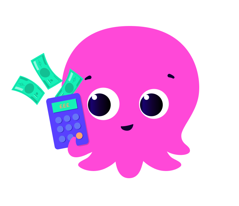 A pink octopus holding a calculator with money spilling from it
