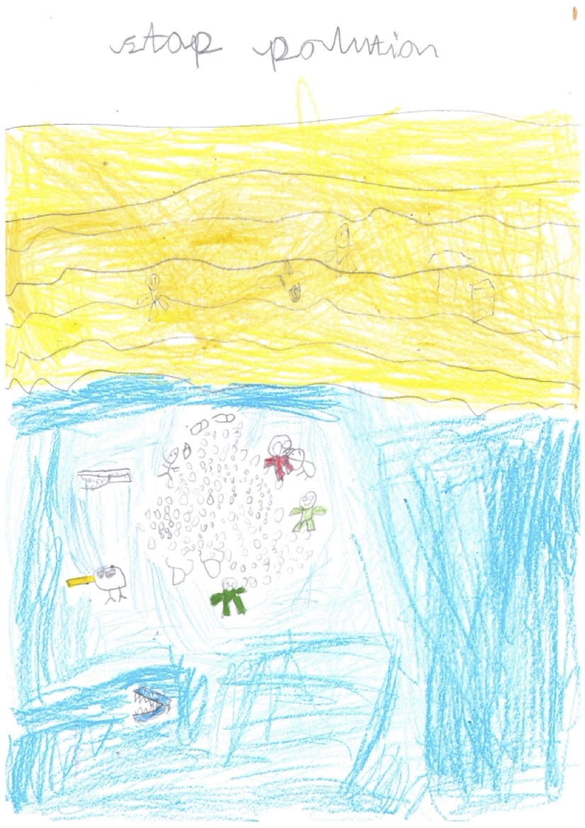 Child's drawing with the words "stop pollution," depicting the ocean with marine animals and pollution, using vibrant colors of blue, yellow, and green.