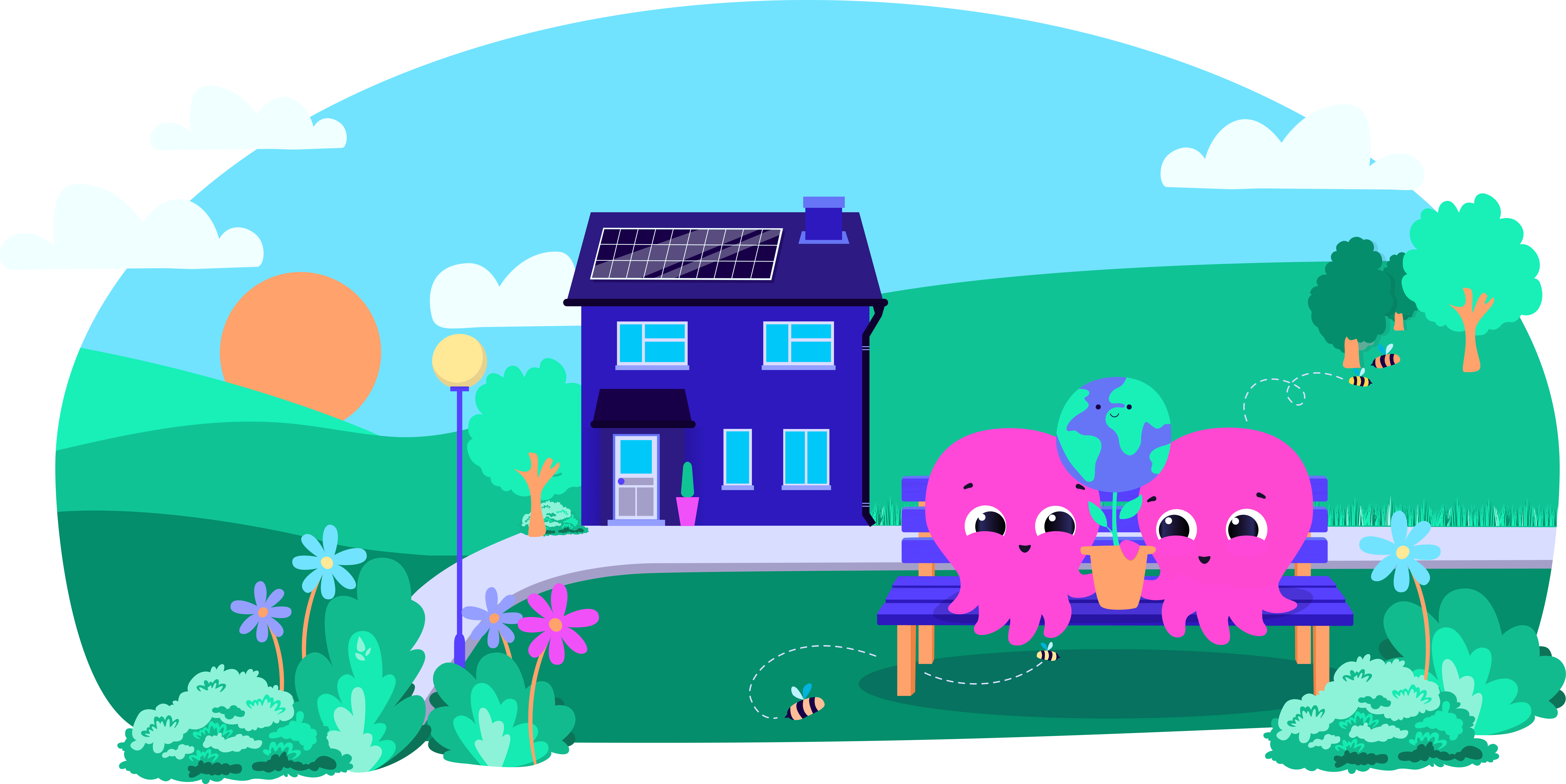Two pink octopus characters sitting on a bench with a globe and plant, in a colorful landscape with a house, sun, trees, and bees.