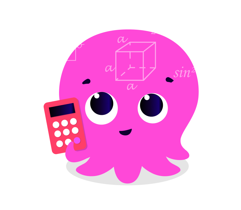 Illustration of a pink octopus with a calculator, thinking about complex maths