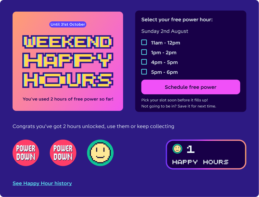A screen grab from the Octopus Energy app showing the mechanism to choose Weekend Happy Hour slots