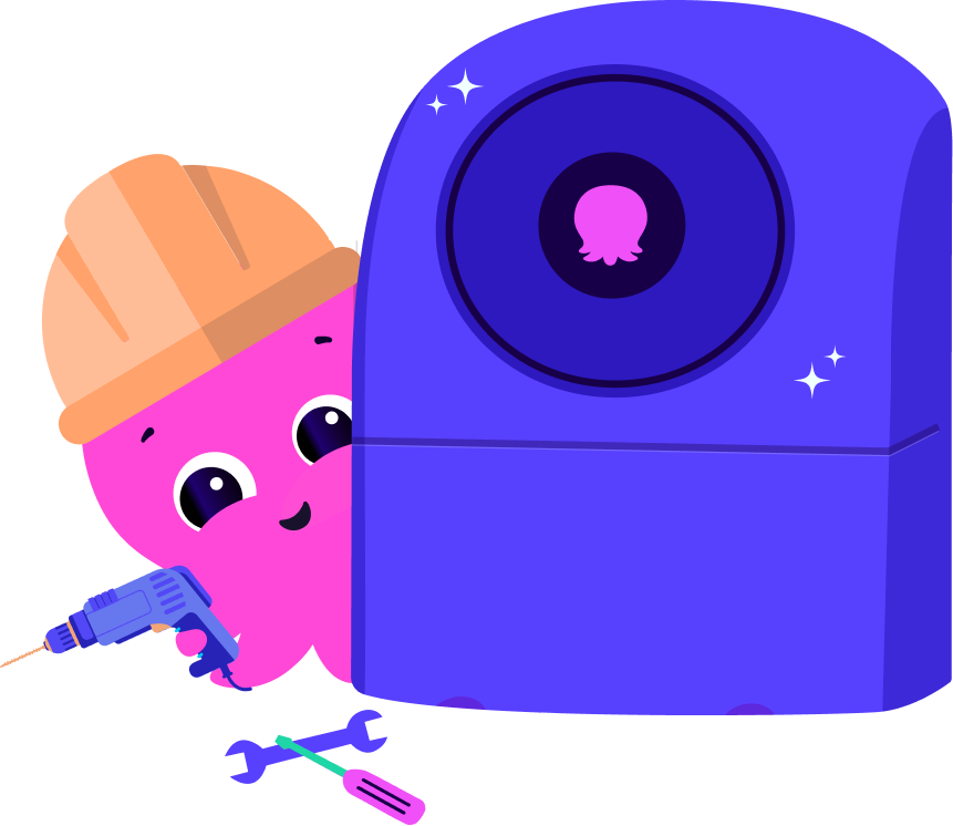 An illustration of a pink octopus installing a Cosy heat pump