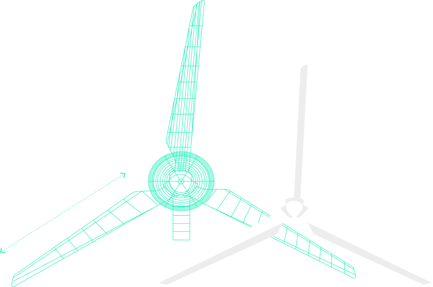 3D model of a wind turbine blade system, with one side showing the detailed wireframe and the other a solid white rendering.