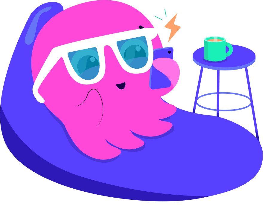 A pink, cartoon octopus with sunglasses relaxes on a blue beanbag, holding a smartphone near a table with a steaming mug.